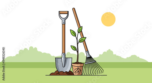 Gardener plants Arbor on a sunny Day with tools and soil outdoors