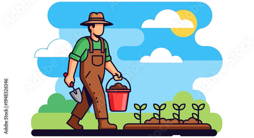 Man planting seeds on a sunny Day near an Arbor