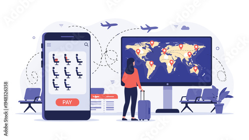 Young woman with suitcase looking at flight map in airport terminal next to smartphone seat booking application interface.