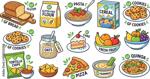 Gluten free food vector icon set including bread flour pasta cereal cookies oats pizza hummus quinoa fruit and healthy diet products illustration collection