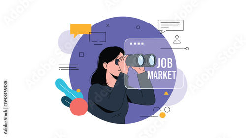 Young woman looking through binoculars at job market text inside magnifying glass icon with abstract background shapes.