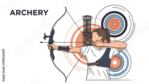 Female athlete shooting arrow with bow towards multiple target boards during a focused archery practice session in gymnasium.