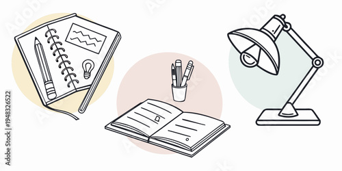 a desk with a notebook, pencils, papers, and a lamp Vector