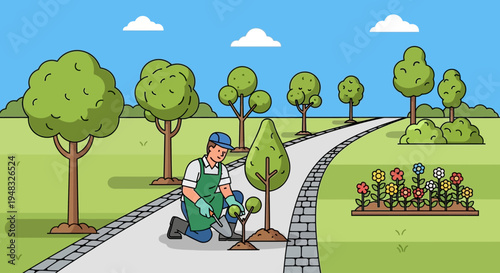 Man plants Arbor on a sunny Day in the park landscape.