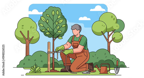 Man planting tree on a sunny day near an arbor in garden