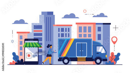 Urban delivery service showing blue truck in front of city buildings next to smartphone online shopping application interface.