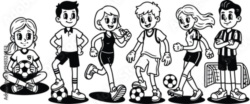 Cartoon line art kids soccer team in playful poses with referee and ball close up smiling monochrome vector sports characters