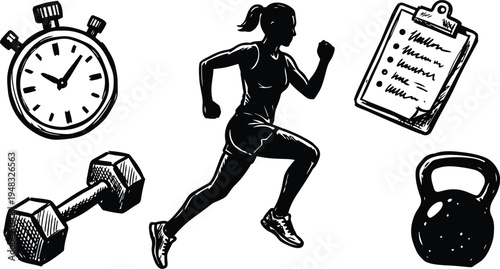 Hand drawn line art running woman with stopwatch dumbbell kettlebell and workout clipboard dynamic side profile motion sketch in black