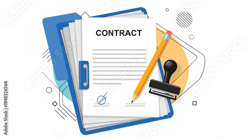 Business contract agreement on a clipboard with signed paper document pencil and professional official rubber stamp for deals.