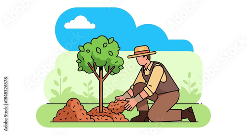 Man planting Arbor on a sunny Day in the garden outdoors