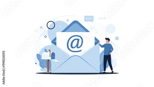 Customer support or marketing concept featuring man standing next to a large open envelope with a blue at-symbol for contact.