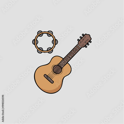 A musician plays an acoustic guitar and tambourine on a stage with musical instruments and lively performance atmosphere.