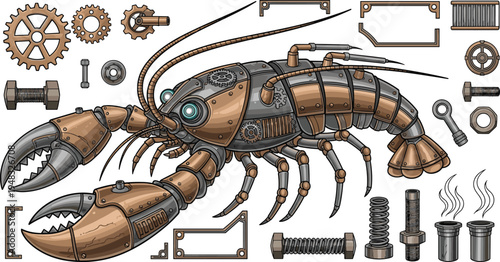 Steampunk robotic lobster machine illustration with mechanical claws gears pipes bolts and vintage industrial technology vector design