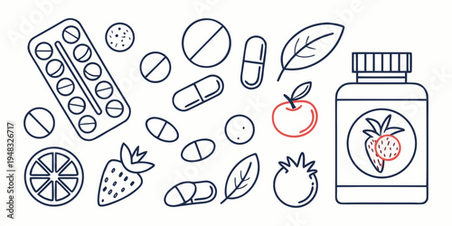 supplements and fruits for a healthy diet Vector