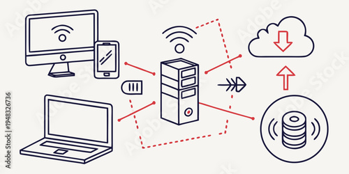 network devices connected to a server and cloud storage Vector