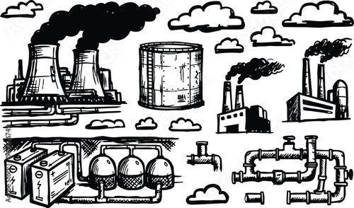 Line art hand drawn aerial view of industrial complex with cooling towers smokestacks storage tanks pipes and dark smoke plumes