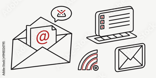 a drawing of emails being sent from an envelope to a laptop Vector