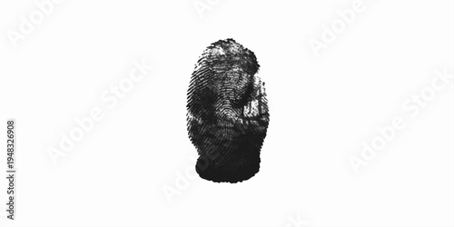 Fingerprint Texture: A close-up, high-contrast abstract macro shot of a single fingerprint, revealing intricate swirls and ridges in black against a stark white backdrop.