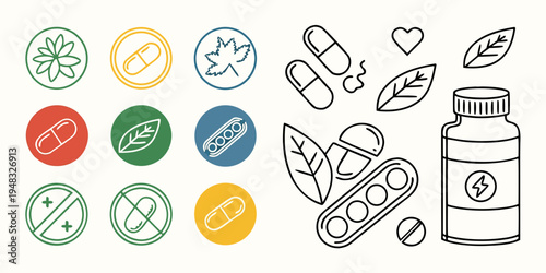 a collection of medicine and health related icons and a bottle Vector