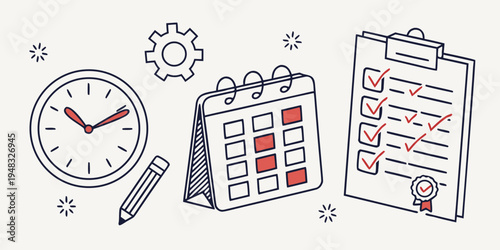 a clock calendar and checklist with a pencil on a white background Vector