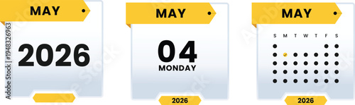 May 04 2026 Monday Calendar Icon Set Highlighting Specific Weekday Date with Monthly Grid View and Yearly Planner Graphic Elements for Digital Scheduling and Events