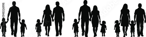 Large family silhouette collection with parents and children walking together holding hands mother father daughter and son black vector