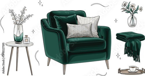 Elegant green velvet armchair with pillows side table flowers blanket and coffee cozy modern living room vector illustration