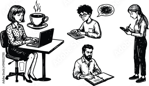 Line art close up of four people working at desks with laptop coffee notepad writing and thoughtful typing in office