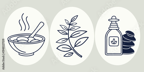 icons of food bowl, herb plant, and soap bottle Vector