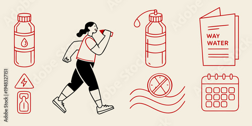 woman hiking with water bottle and fitness tracker Vector