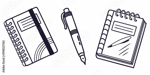 a pen and two notebooks on a white surface Vector
