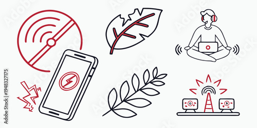 a collection of icons representing digital detox and mindfulness Vector