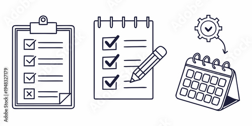 a clipboard, notebook and typewriter with checklist and gear Vector