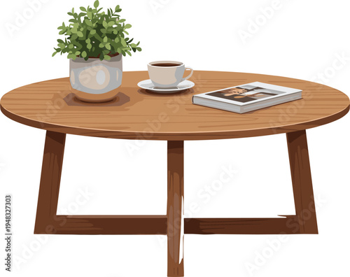 Wooden coffee table with plant cup of coffee and magazine cozy living room furniture vector illustration