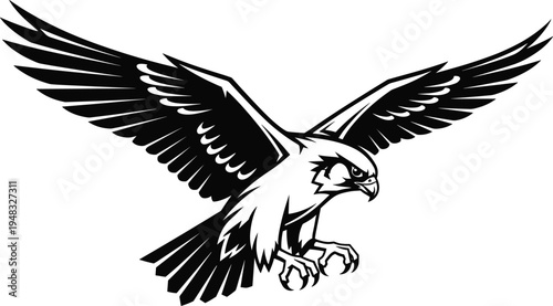 Powerful eagle flying silhouette vector illustration featuring a majestic bird of prey with open wings and sharp talons for mascot design.