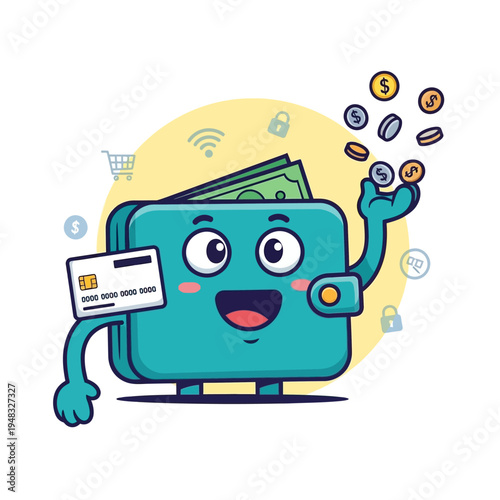 Happy Wallet Character with Credit Card and Money.