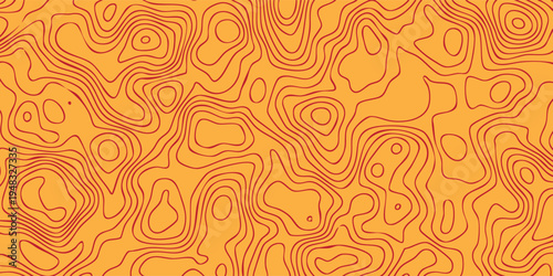 Abstract landform contour illustration, red flowing isoline curves across orange gradient surface, modern terrain map texture.