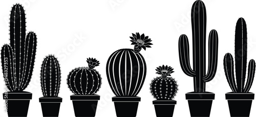 Cactus silhouette vector set, desert succulent plants in flower pots collection, botanical houseplant icons, nature illustration isolated on white background