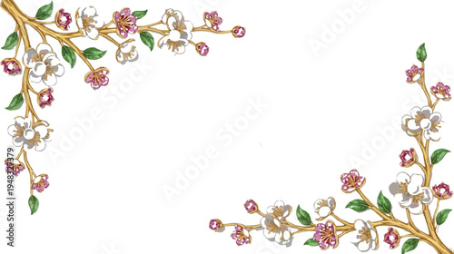 The user asked me to explain an image featuring a decorative floral border. It has symmetrical corners adorned with blossoming branches and pink flowers, set on a white background. The style appears t