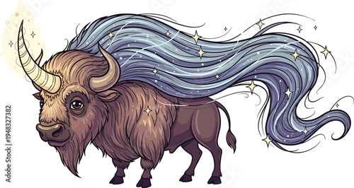 Fantasy magical bison with flowing starry mane mystical animal creature illustration whimsical vector art