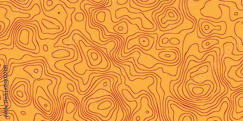 Dynamic terrain line pattern, red geographic level curves over orange backdrop, abstract environmental map design.