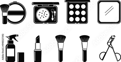 Professional makeup cosmetic icon set with lipstick brushes eyeshadow palette eyelash curler and face powder black vector silhouette on white