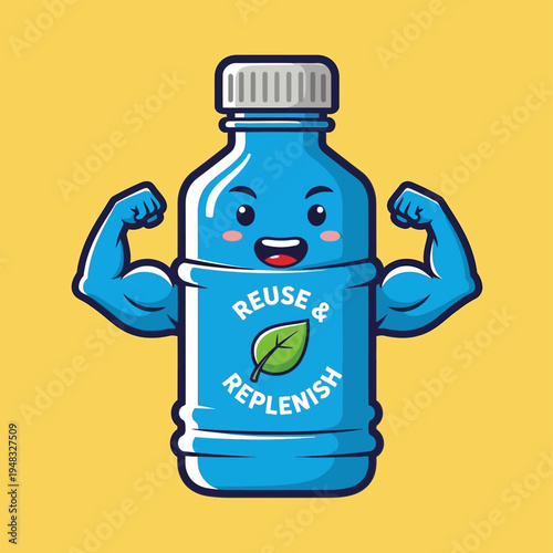 Strong blue reusable bottle promoting reuse and replenish.