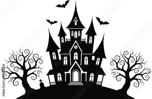 Spooky Halloween haunted house silhouette vector illustration with bats flying over gothic castle and dead trees in graveyard on hill