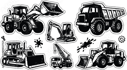 Line art sticker sheet of construction vehicles up black and white excavator loader bulldozer dump truck crane detailed low angle