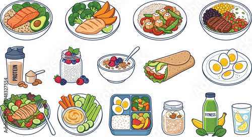 Healthy Meal and Fitness Food Collection with Salad Salmon Oatmeal Eggs Protein Shake Smoothie and Balanced Diet Vector Illustration Set