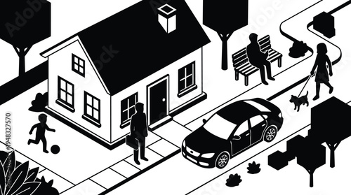 Isometric vector street scene close up showing house man leaving for work car parked child playing ball dog walker nearby