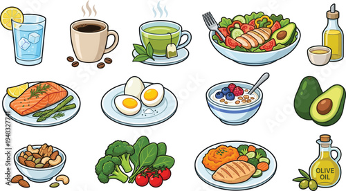 Healthy food vector illustration set with salmon eggs salad avocado yogurt nuts olive oil coffee tea and balanced diet meal icons