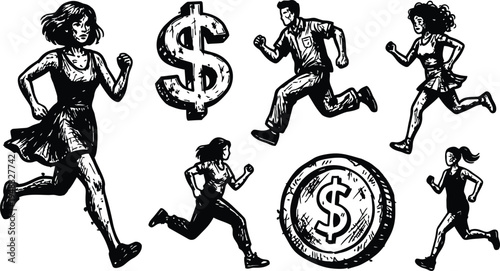 Ink sketch style dynamic low angle group of runners chasing coin and dollar symbol in conceptual finance race high contrast