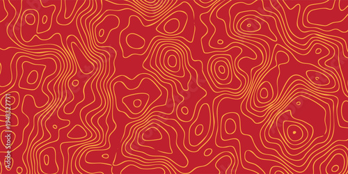 Topographic elevation art pattern, organic red contour loops over orange field, modern geographic illustration.